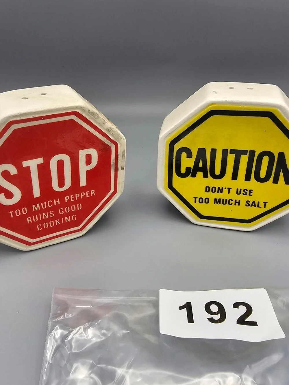 Vintage Stop and Caution Octagonal Salt and Pepper Shakers